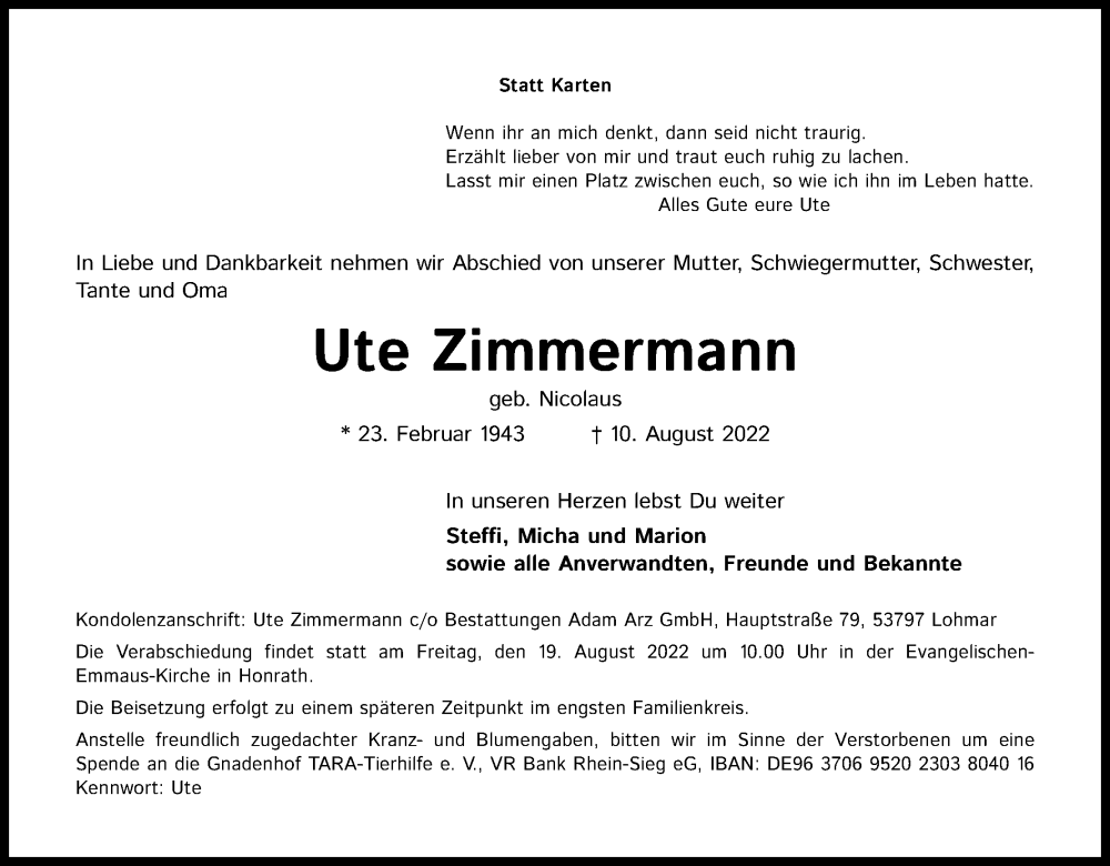  Traueranzeige für Ute Zimmermann vom 17.08.2022 aus Kölner Stadt-Anzeiger / Kölnische Rundschau / Express
