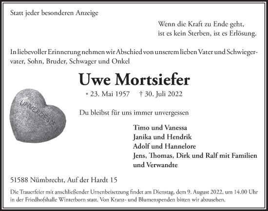 Anzeige von Uwe Mortsiefer von Köln - Wir Trauern