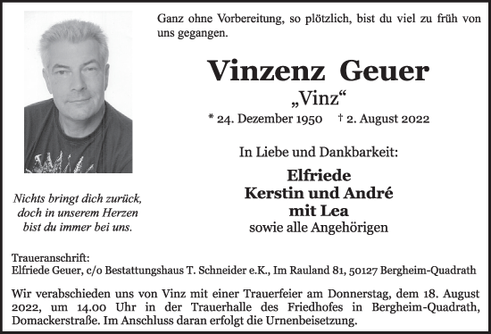 Anzeige von Vinzenz Geuer von  Werbepost 