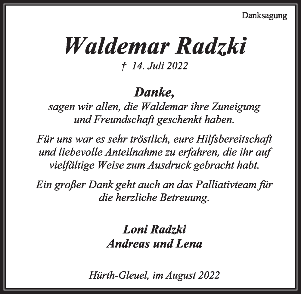  Traueranzeige für Waldemar Radzki vom 19.08.2022 aus  Wochenende 