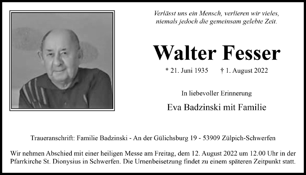  Traueranzeige für Walter Fesser vom 06.08.2022 aus  Blickpunkt Euskirchen 