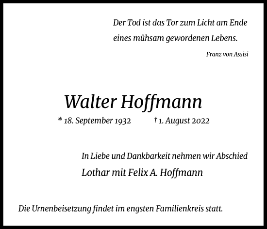 Anzeige von Walter Hoffmann von Kölner Stadt-Anzeiger / Kölnische Rundschau / Express