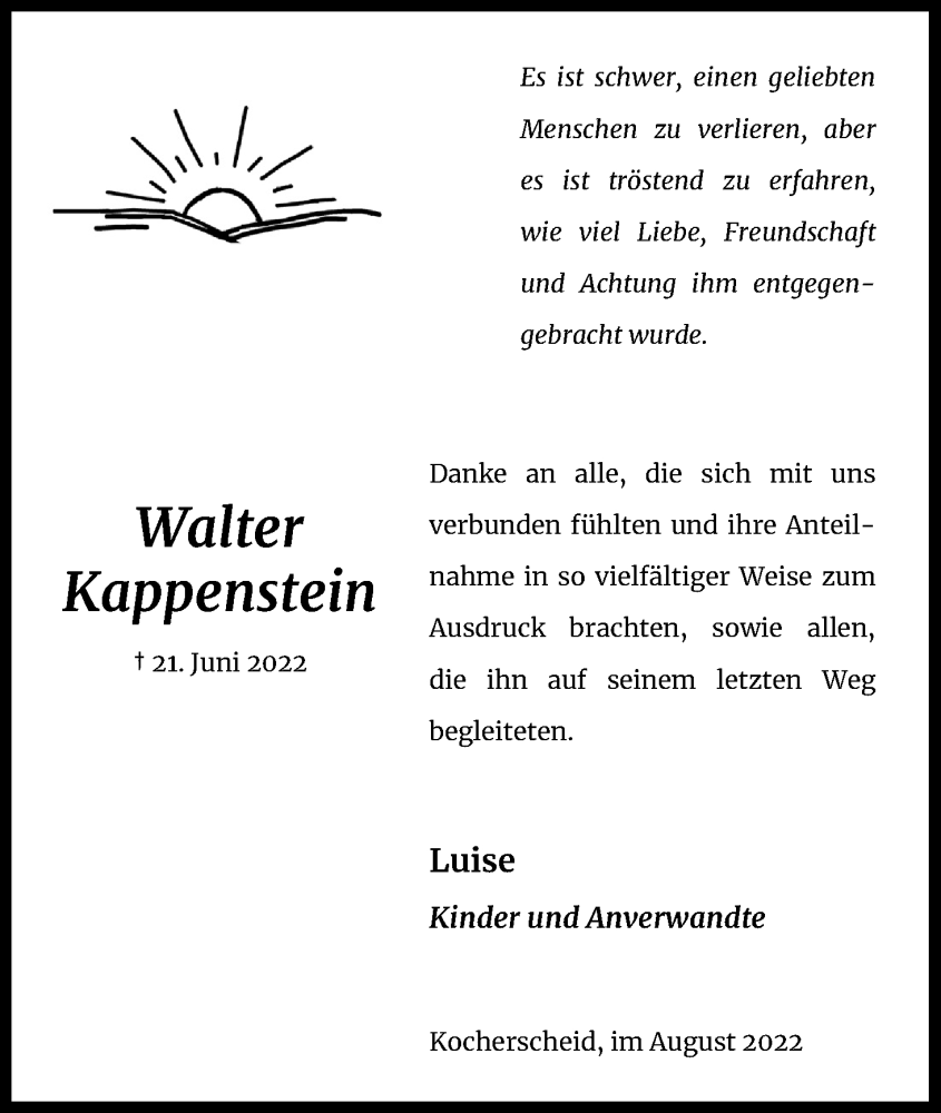 Traueranzeige für Walter Kappenstein vom 12.08.2022 aus Kölner Stadt-Anzeiger / Kölnische Rundschau / Express