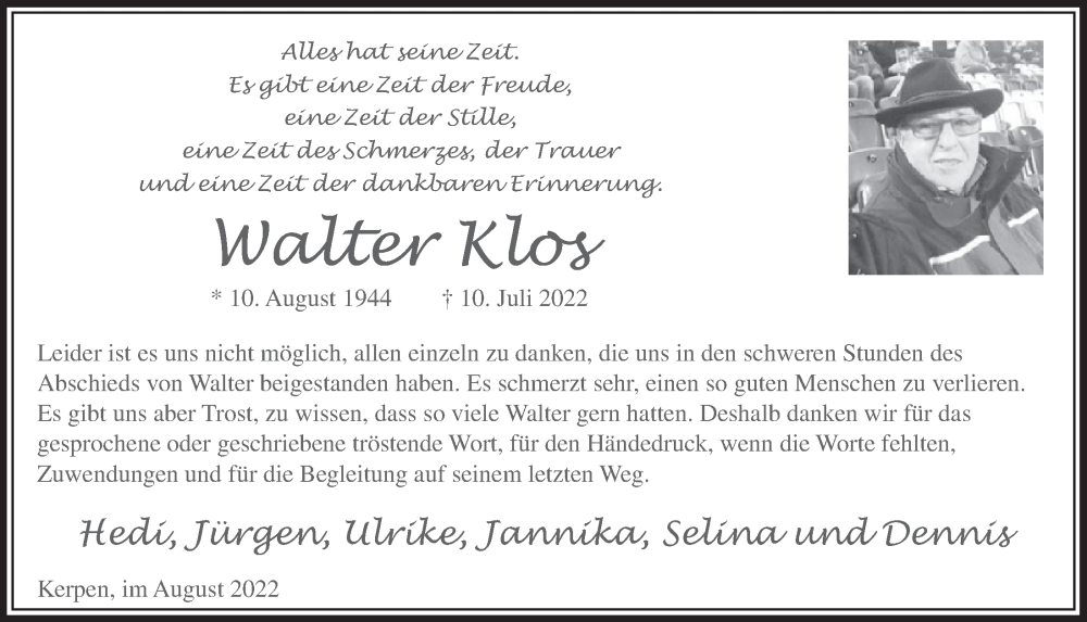  Traueranzeige für Walter Klos vom 26.08.2022 aus  Werbepost 