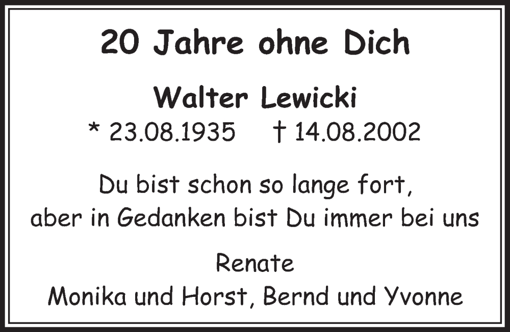  Traueranzeige für Walter Lewicki vom 12.08.2022 aus  Wochenende 