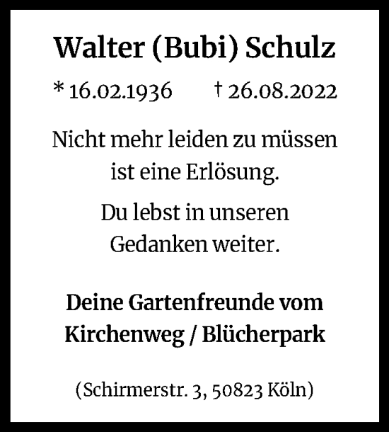 Anzeige von Walter Schulz von Kölner Stadt-Anzeiger / Kölnische Rundschau / Express