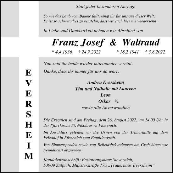 Anzeige von Waltraud Eversheim von  Blickpunkt Euskirchen 