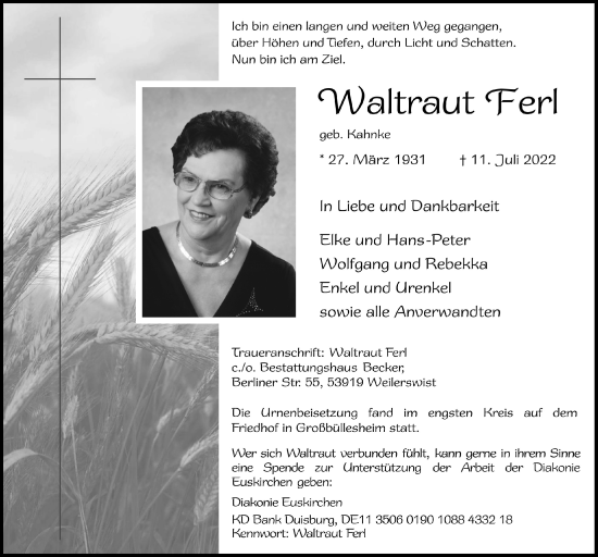 Anzeige von Waltraud Ferl von  Blickpunkt Euskirchen 