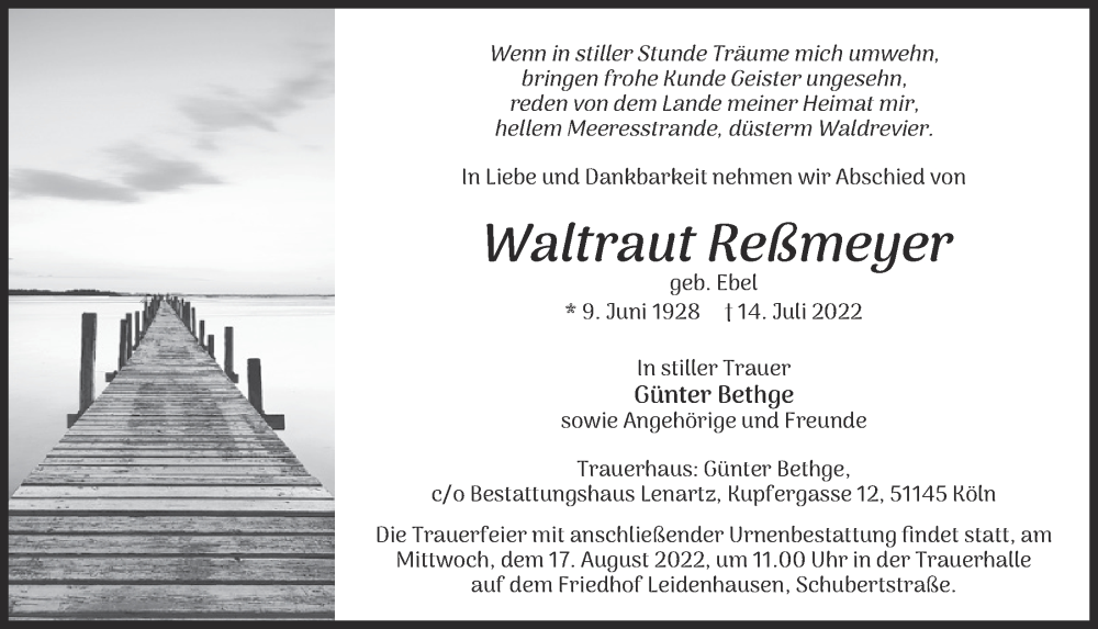 Traueranzeige für Waltraut Reßmeyer vom 05.08.2022 aus  EXPRESS - Die Woche 