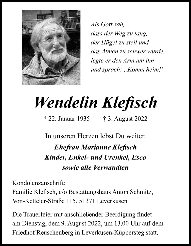  Traueranzeige für Wendelin Klefisch vom 06.08.2022 aus Kölner Stadt-Anzeiger / Kölnische Rundschau / Express