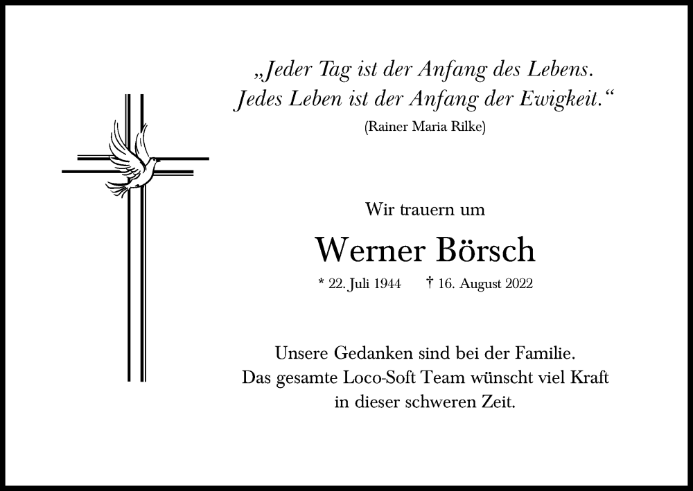  Traueranzeige für Werner Börsch vom 20.08.2022 aus Kölner Stadt-Anzeiger / Kölnische Rundschau / Express