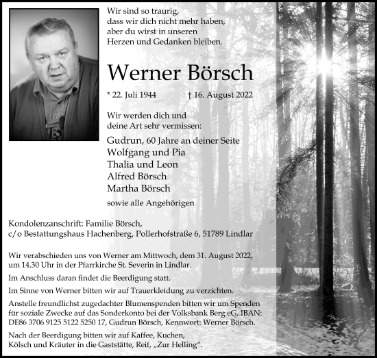 Anzeige von Werner Börsch von Kölner Stadt-Anzeiger / Kölnische Rundschau / Express