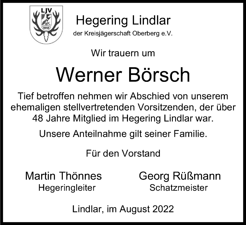  Traueranzeige für Werner Börsch vom 27.08.2022 aus Kölner Stadt-Anzeiger / Kölnische Rundschau / Express