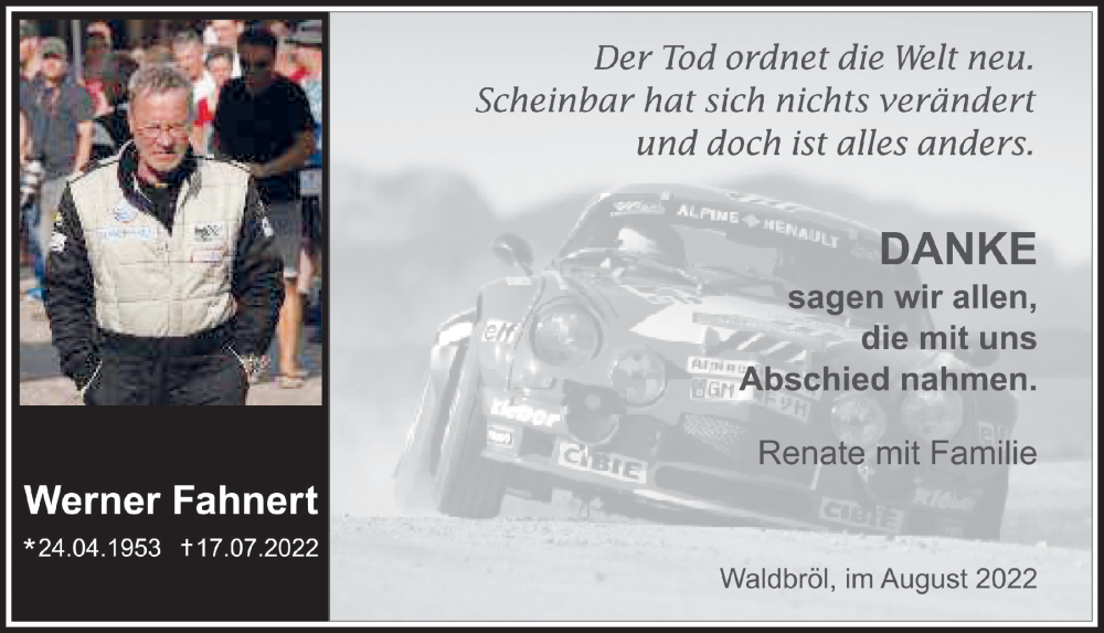  Traueranzeige für Werner Fahnert vom 26.08.2022 aus  Lokalanzeiger 