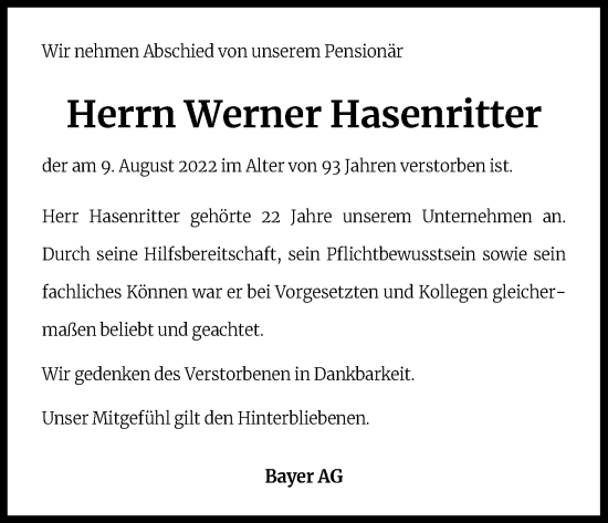 Anzeige von Werner Hasenritter von Kölner Stadt-Anzeiger / Kölnische Rundschau / Express