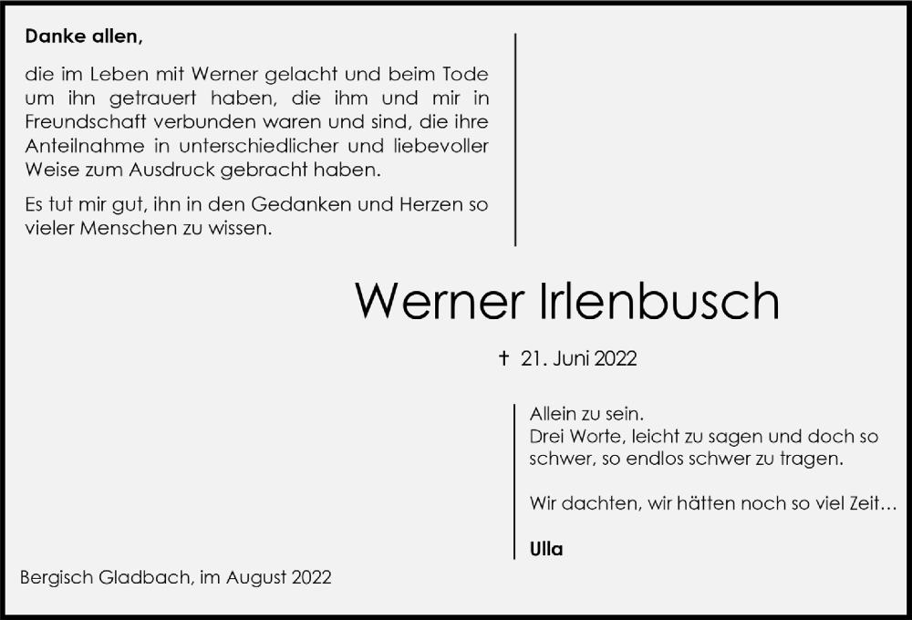  Traueranzeige für Werner Irlenbusch vom 19.08.2022 aus  Bergisches Handelsblatt 