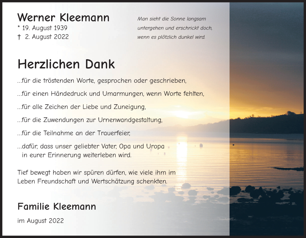  Traueranzeige für Werner Kleemann vom 27.08.2022 aus Kölner Stadt-Anzeiger / Kölnische Rundschau / Express