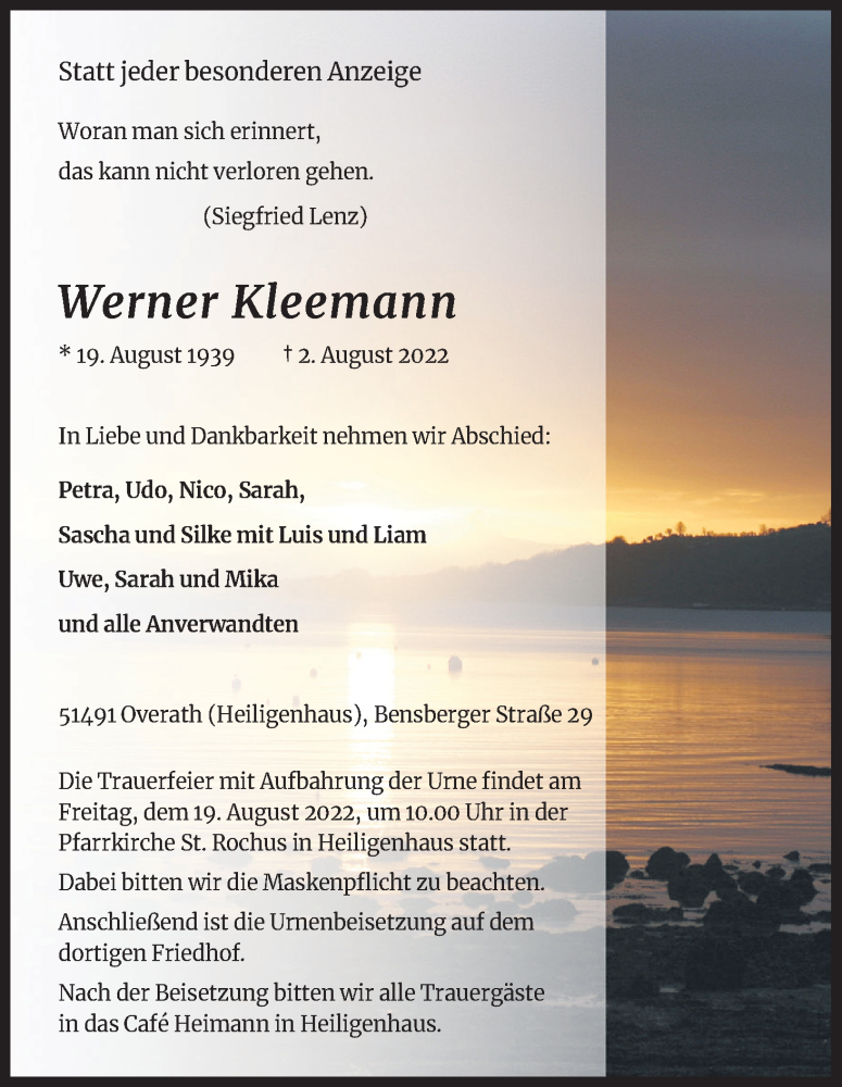  Traueranzeige für Werner Kleemann vom 13.08.2022 aus Kölner Stadt-Anzeiger / Kölnische Rundschau / Express