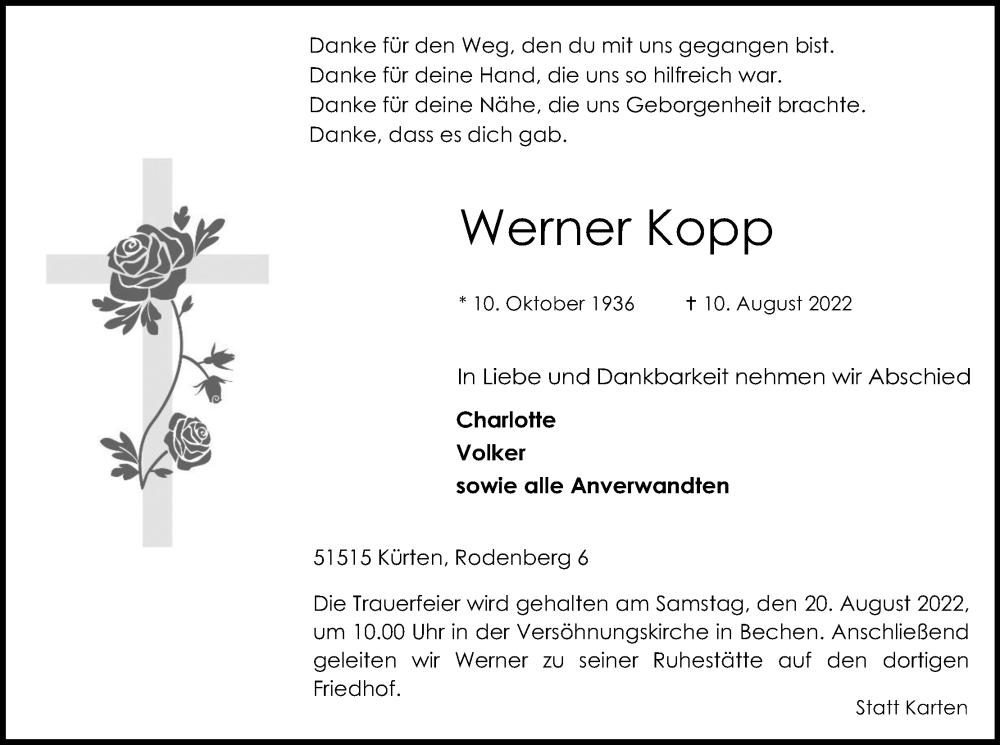  Traueranzeige für Werner Kopp vom 13.08.2022 aus Kölner Stadt-Anzeiger / Kölnische Rundschau / Express