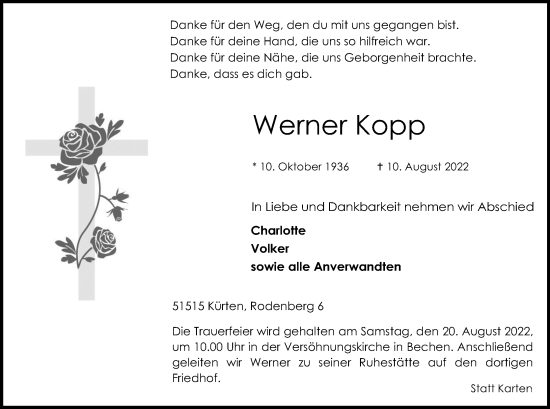 Anzeige von Werner Kopp von Kölner Stadt-Anzeiger / Kölnische Rundschau / Express