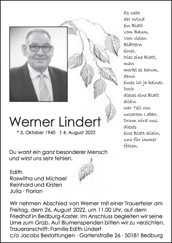 Anzeige von Werner Lindert von  Werbepost 