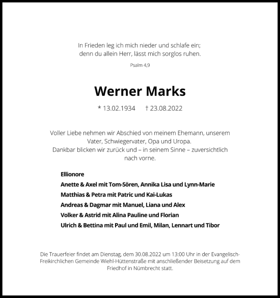 Anzeige von Werner Marks von Kölner Stadt-Anzeiger / Kölnische Rundschau / Express