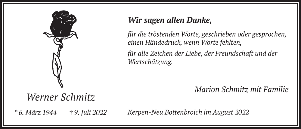  Traueranzeige für Werner Schmitz vom 19.08.2022 aus  Werbepost 