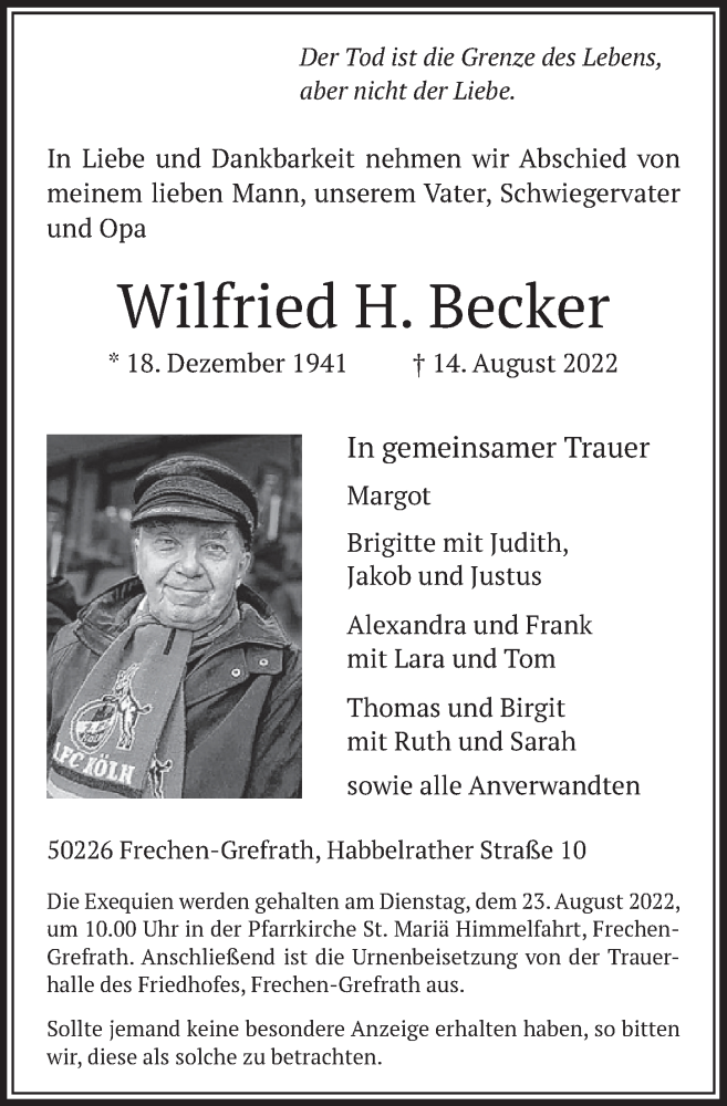  Traueranzeige für Wilfried H. Becker vom 19.08.2022 aus  Wochenende 