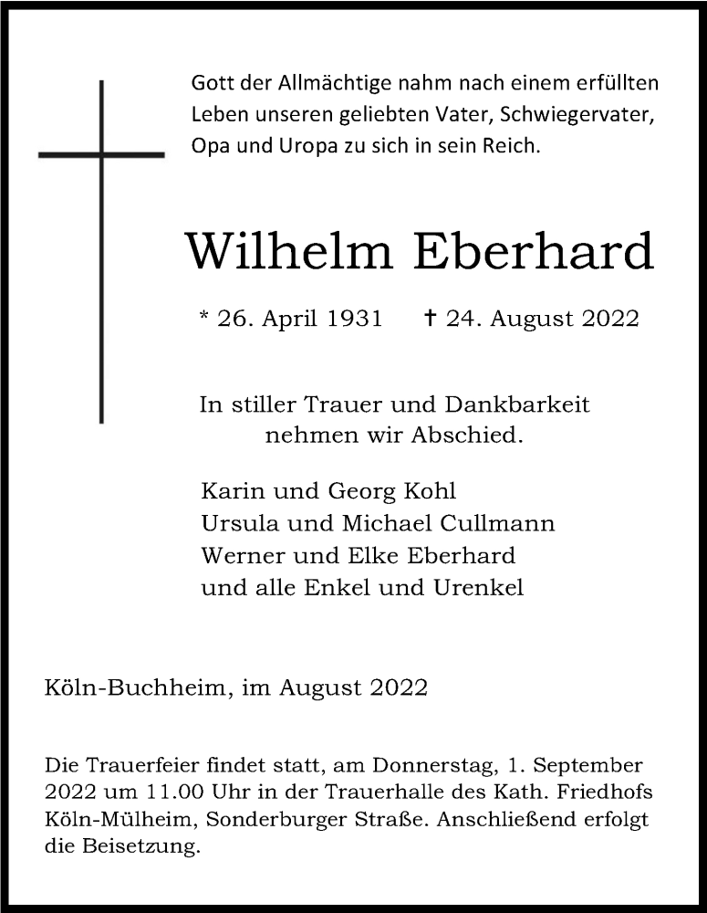 Traueranzeige für Wilhelm Eberhard vom 27.08.2022 aus Kölner Stadt-Anzeiger / Kölnische Rundschau / Express