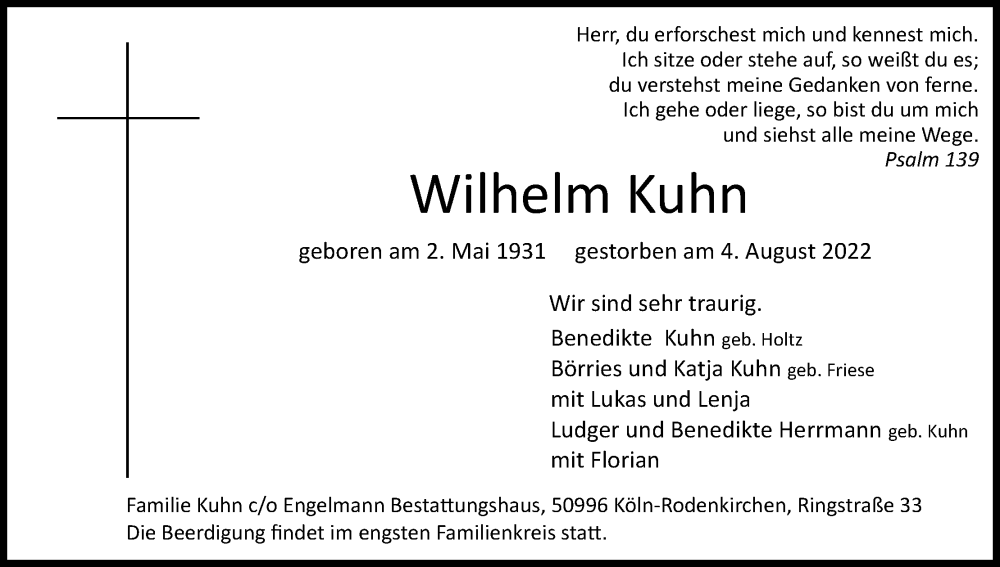  Traueranzeige für Wilhelm Kuhn vom 06.08.2022 aus Kölner Stadt-Anzeiger / Kölnische Rundschau / Express