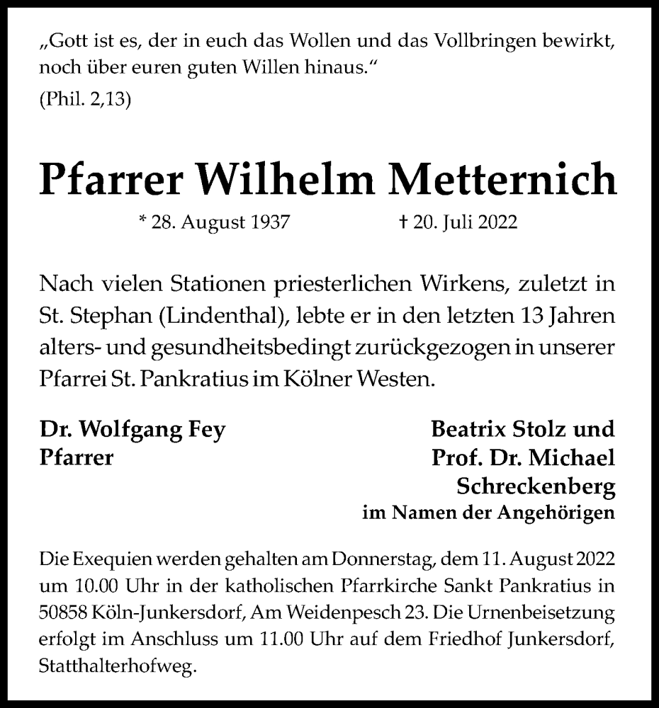  Traueranzeige für Wilhelm Metternich vom 06.08.2022 aus Kölner Stadt-Anzeiger / Kölnische Rundschau / Express