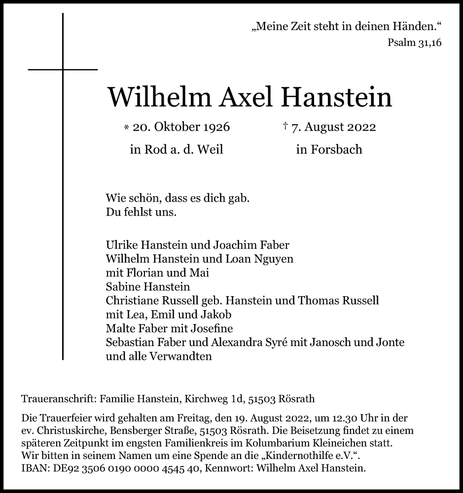  Traueranzeige für Wilhelm Axel Hanstein vom 13.08.2022 aus Kölner Stadt-Anzeiger / Kölnische Rundschau / Express