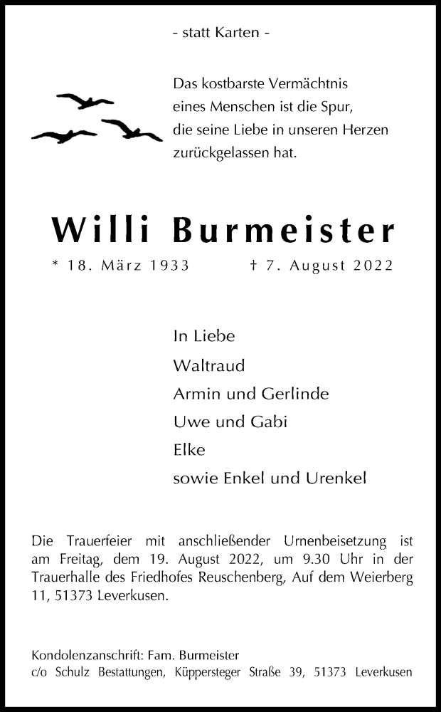  Traueranzeige für Willi Burmeister vom 13.08.2022 aus Kölner Stadt-Anzeiger / Kölnische Rundschau / Express