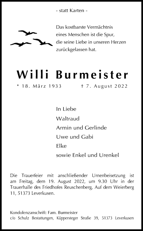 Anzeige von Willi Burmeister von Kölner Stadt-Anzeiger / Kölnische Rundschau / Express