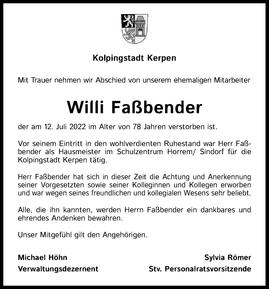  Traueranzeige für Willi Faßbender vom 06.08.2022 aus Kölner Stadt-Anzeiger / Kölnische Rundschau / Express