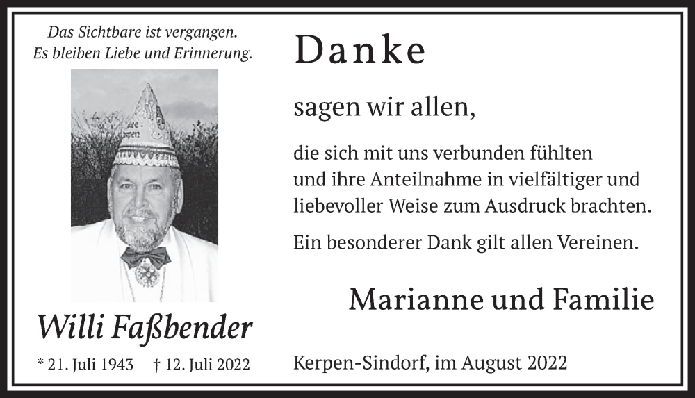  Traueranzeige für Willi Faßbender vom 26.08.2022 aus  Werbepost 