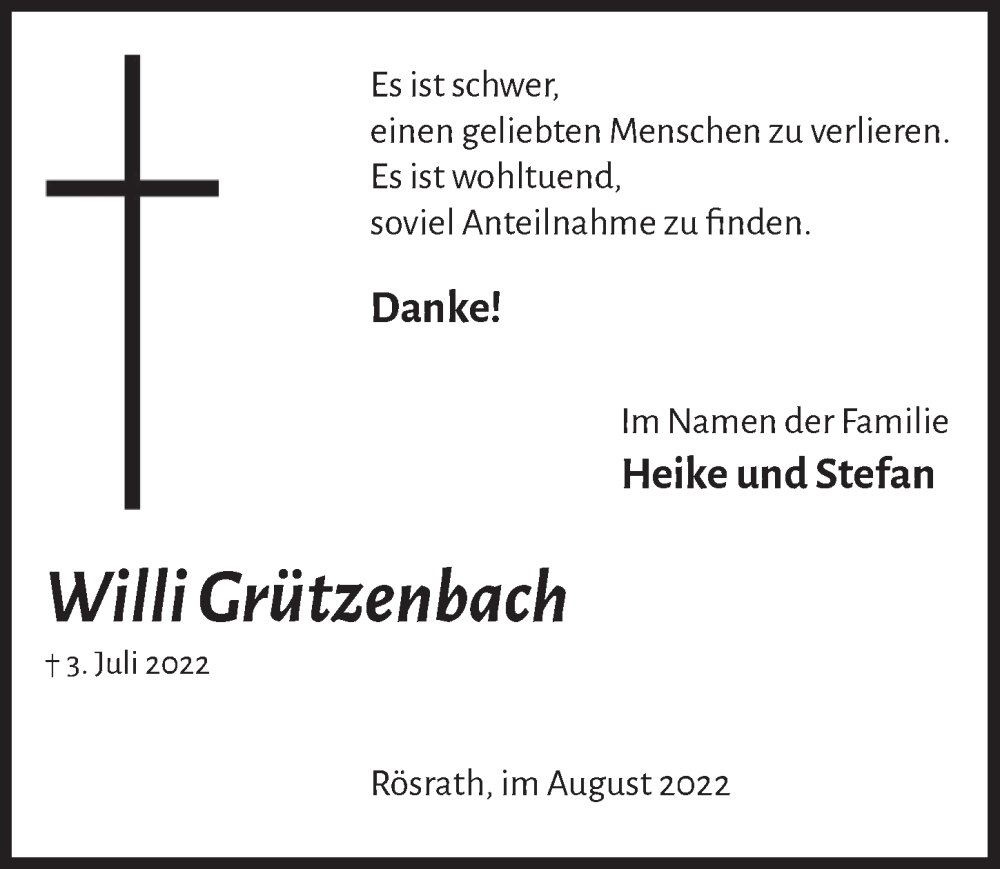  Traueranzeige für Willi Grützenbach vom 12.08.2022 aus  Bergisches Handelsblatt 