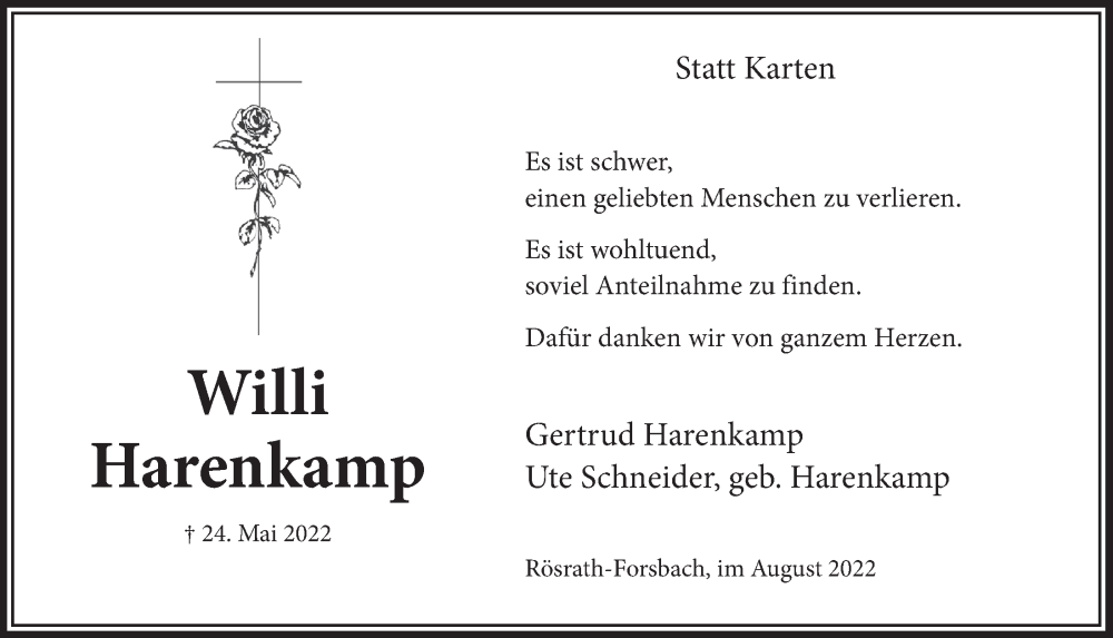  Traueranzeige für Willi Harenkamp vom 12.08.2022 aus  Bergisches Handelsblatt 