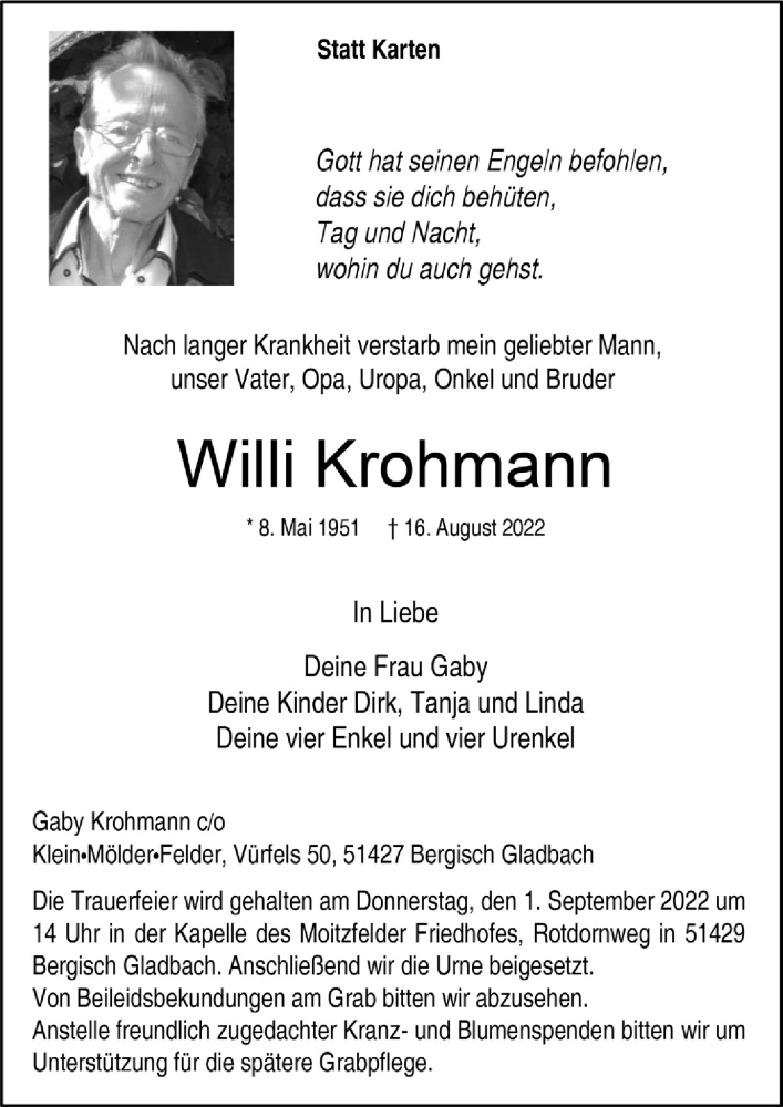  Traueranzeige für Willi Krohmann vom 26.08.2022 aus  Bergisches Handelsblatt 