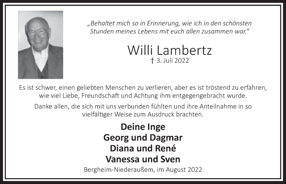  Traueranzeige für Willi Lambertz vom 05.08.2022 aus  Werbepost 