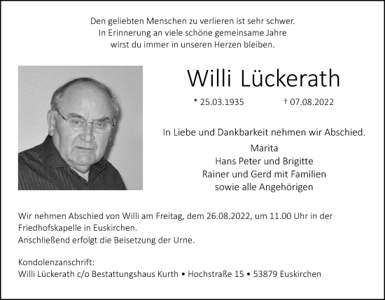 Anzeige von Willi Lückerath von Kölner Stadt-Anzeiger / Kölnische Rundschau / Express