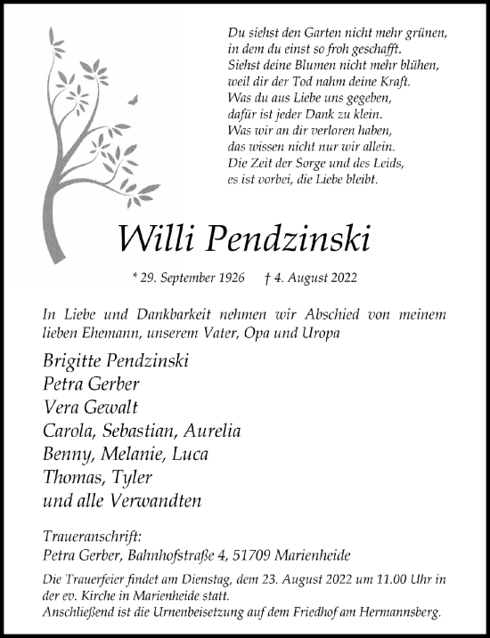 Anzeige von Willi Pendzinski von  Anzeigen Echo 