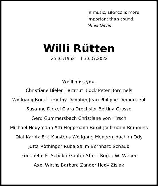 Anzeige von Willi Rütten von Kölner Stadt-Anzeiger / Kölnische Rundschau / Express