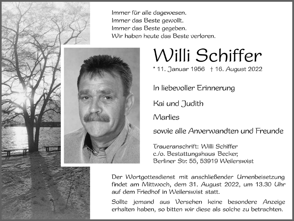  Traueranzeige für Willi Schiffer vom 27.08.2022 aus  Blickpunkt Euskirchen 