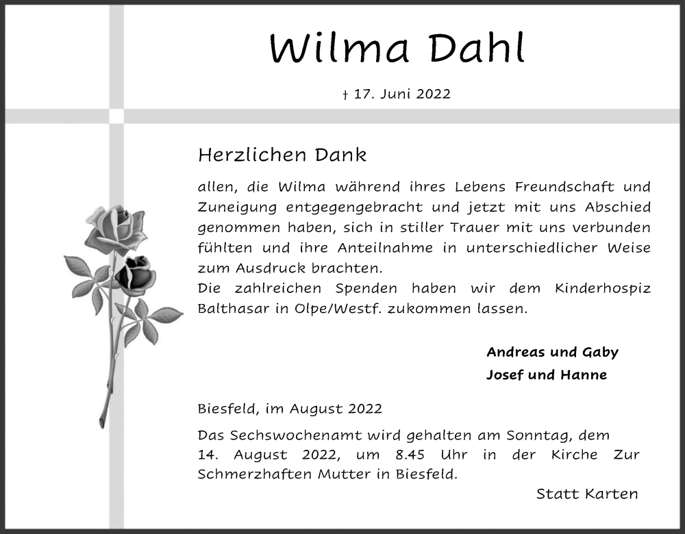  Traueranzeige für Wilma Dahl vom 06.08.2022 aus Kölner Stadt-Anzeiger / Kölnische Rundschau / Express