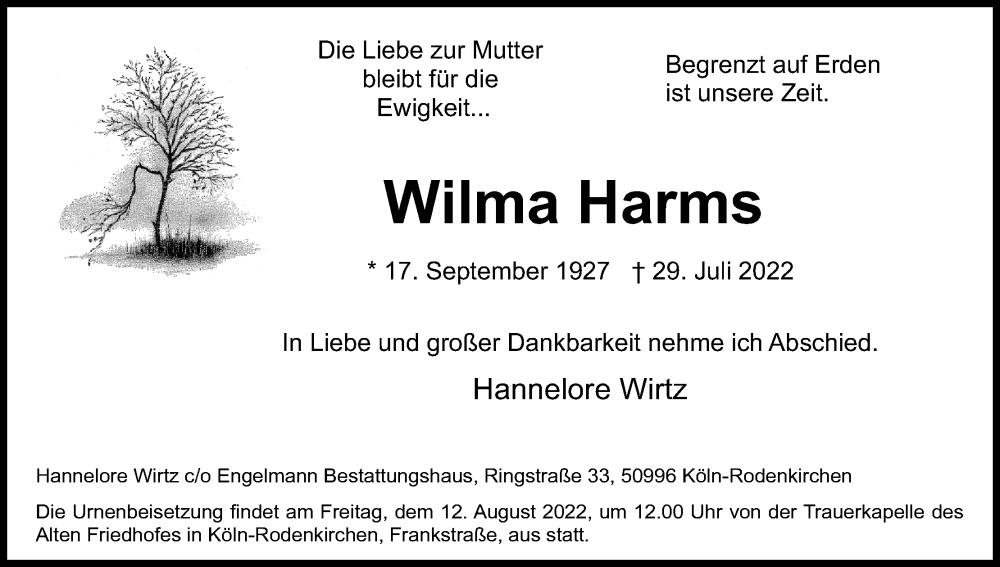  Traueranzeige für Wilma Harms vom 06.08.2022 aus Kölner Stadt-Anzeiger / Kölnische Rundschau / Express