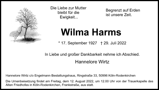 Anzeige von Wilma Harms von Kölner Stadt-Anzeiger / Kölnische Rundschau / Express