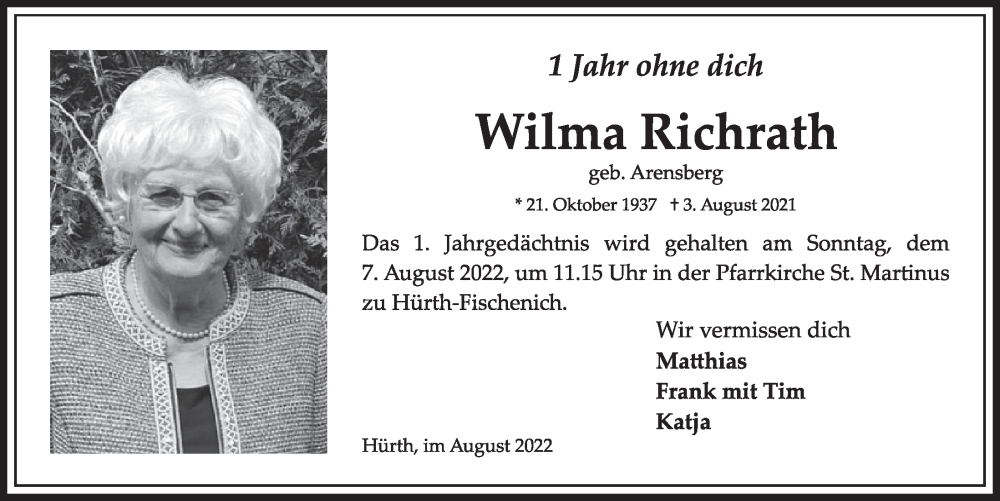 Traueranzeige für Wilma Richrath vom 05.08.2022 aus  Wochenende 