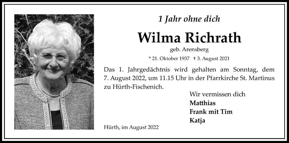  Traueranzeige für Wilma Richrath vom 06.08.2022 aus Kölner Stadt-Anzeiger / Kölnische Rundschau / Express