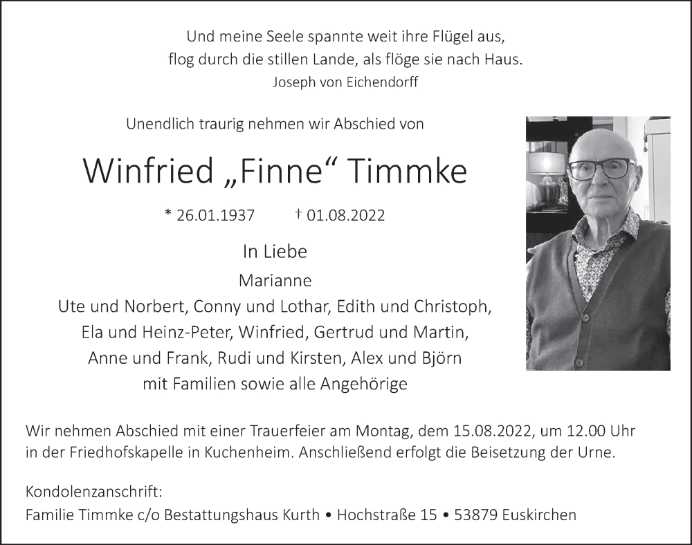 Traueranzeige für Winfried Timmke vom 06.08.2022 aus  Blickpunkt Euskirchen 